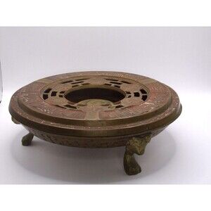 Mid-Century Brass Zodiac Lidded Clawfoot Ashtray Cigar Herbs Potpourri Red Tray